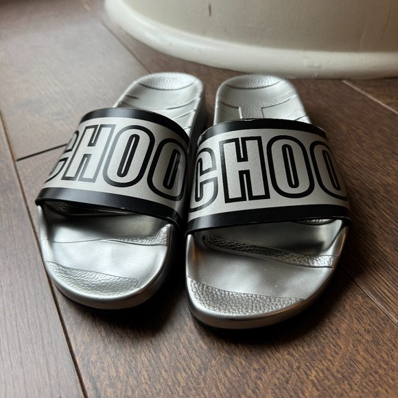 Jimmy Choo "Rey" Pool Slides Metallic Silver "Choo Choo" - Size IT 34 (US 4) - Picture 1 of 6